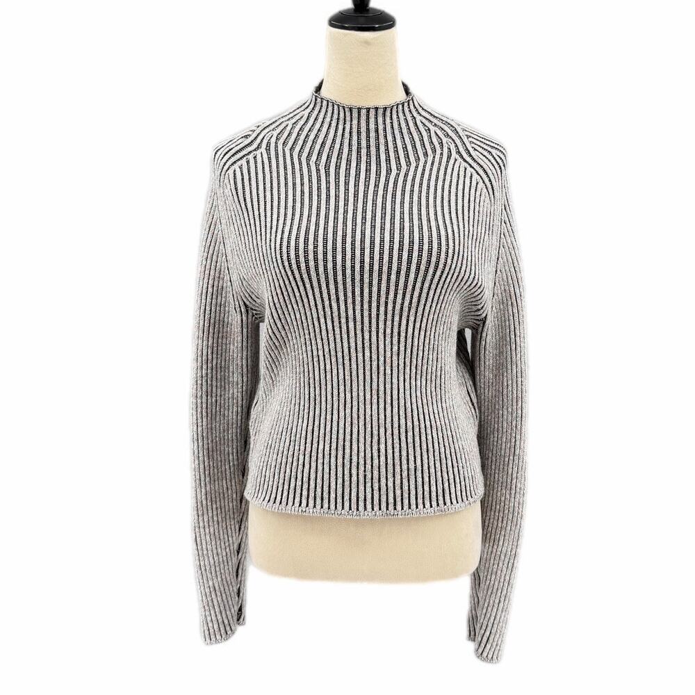 Lululemon Gray Black Ribbed Cotton Blend Knit Mock Neck Pullover Chic Sweater